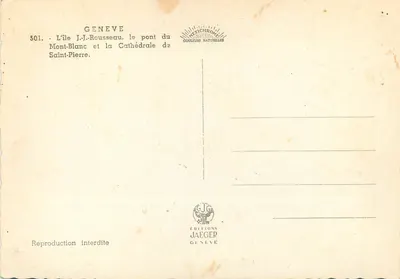Genebra — A ilha J.-J.-Rousseau, o ponte do Mont-Blanc e a Catedral de São Pedro — Éditions Jaeger — Verso
