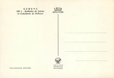 Genewa — Auditoire Kalwina i Katedra św. Piotra — Wydawnictwo Jaeger & Cie — Rewers