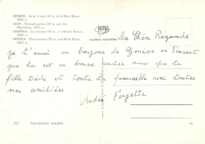 Genebra — O jato d'água e o Monte Branco — Lind Color, S.A. Geneve, n°3015 — Verso