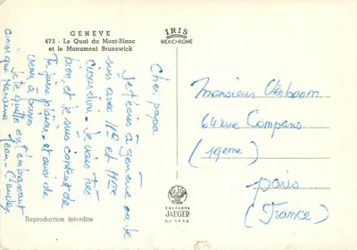 Genebra - O Quai du Mont-Blanc e o Monumento Brunswick — Éditions Jaeger, n°473 — Verso