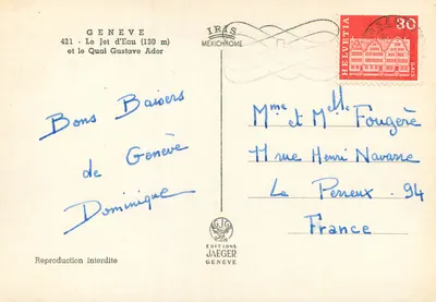 Geneve — Le Jet d'Eau (130 m) et le Quai Gustave Ador — Éditions Jaeger — Verso