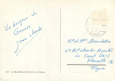O Mont-Blanc (4810 m) visto de Genebra — 440 — Fabricação Suíça LXVII — Verso