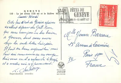 Genebra — O jato d'água (130 m) e o Salève — Éditions Jaeger — Verso
