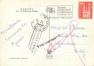 O Palácio das Nações — Genebra — Edições Jaeger, n°173 — Verso