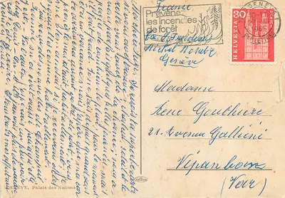 Genewa, Pałac Narodów — widok panoramiczny z jeziorem i zasnieżonymi górami — wydawca Krüger — Rewers