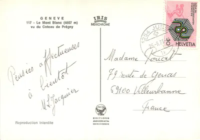 Le Mont Blanc (4807 m) — vu du Coteau de Prégný — Éditions Jaeger & Cie, n°117 — Verso