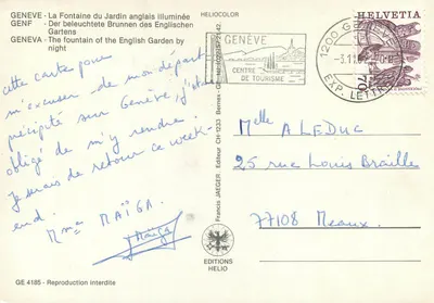 Genève - De Fontaine van het Engelse Tuin verlicht — Uitgaven Helio, n° GE 4185 — Achterkant