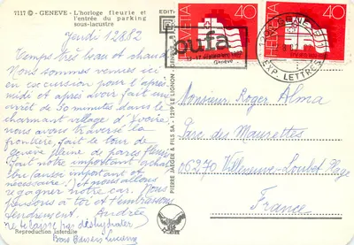 Geneve - A relógio florido e a entrada do estacionamento subaquático — Éditeur Pierre Jaeger & Fils SA, n° 7117 — Verso