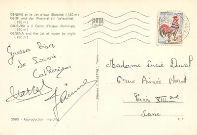Geneva and the Illuminated Jet d'eau (130 m) — Editions C. SARTORI, Geneva — n° 3080 — Back