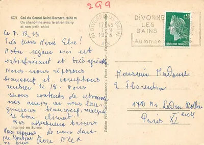 Pas van het Grote Sint-Bernard — Een kanonik met de hond Barry en zijn kleine puppy — Uitgave Perruche Lausanne — Achterkant