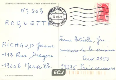Genève — Het schip <ITALIE>, de haven en de Mont-Blanc — Uitgever ECJ, n° 105702 — Achterkant