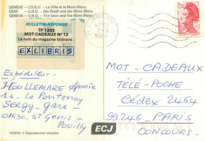 Genebra — A Cidade e o Monte Branco — Bulletin-Réponse TP 1203 — Verso