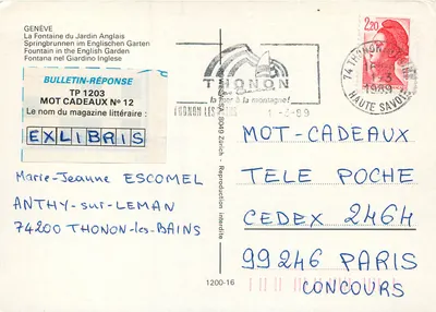 Fonte do Jardim Inglês — Thonon-les-Bains — Bulletin-Réponse TP 1203 — Verso