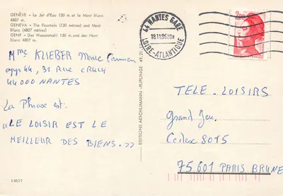 Genève — Le Jet d'Eau 130 m. et le Mont Blanc 4807 m. — Éditions Aeschlimann-Puplinge — Verso