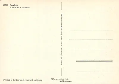 Gruyères — a cidade e o castelo — Foto Klopfenstein, n° 60915 — Verso