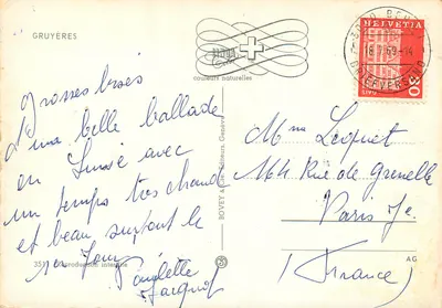 Gruyères — widok wsi, zamku i fontanny — wydawca BOVEY & Cie, n°351 — Rewers