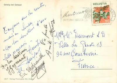 Gsteig przy Gstaad — góra i drewniana chałupa — Verlag Photoglob AG, Zurych, nr 3671 — Rewers