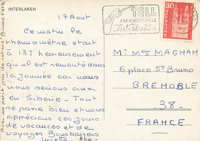 Interlaken — widok na Mont Blanc — wydawca TELL FREILICHTSPIELE — Rewers