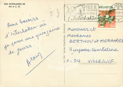 Interlaken — panoramowy widok z hotelami, kasynem i górami — Verlag Engelberger, nr 7349 — Rewers