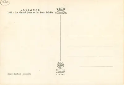 Lausanne — Duży Most i Wieża Bel-Air — Wydawnictwo Jaeger — Rewers