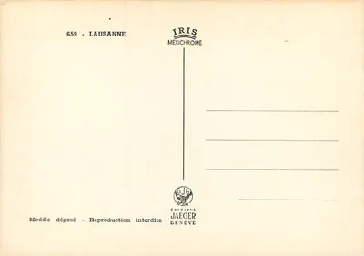 Lausanne, Ouchy — widok panoramiczny z kościołem, nabrzeżem i łabędziami — Wydawnictwo Jaeger, n°659 — Rewers