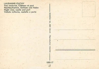 Lausanne-Ouchy — Widok nocny, Zamek i port — ROWESA SA, 8031 Zurych - Reprodukcja zabroniona 1000-17 — Rewers