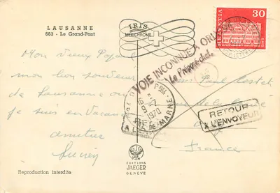 Lausanne — widok z Grand-Pont — Wydawnictwo Jaeger, Genewa — Rewers