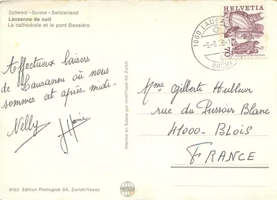 Lausanne w nocy — Katedra i most Bessière — Wydawnictwo Photoglob SA, Zurych/Vevey, n° 9153 — Rewers