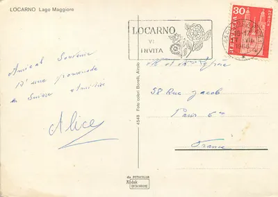 Locarno — widok panoramiczny z teleferykiem, jeziorem i miastem — wydawca Fotocolor, nr 4548 — Rewers
