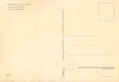 Dolmen megalítico de Cova d'En Dayna — Romanÿa de la Selva — editor Oscar Color, S.A. n°1 — Verso