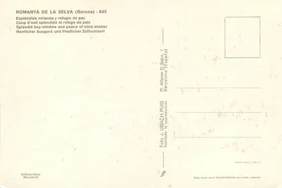 Romanyà de la Selva — vista panorâmica com igreja, jardim e dolmen — Gráficas Harris — Verso