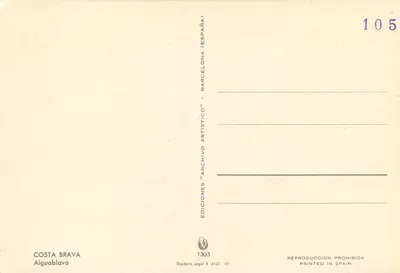 Costa Brava — Aiguablava — Wydawnictwo 'Archivo Artístico' nr 1305 — Rewers