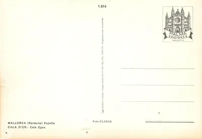 Cala d'Or — praia animada com guarda-sóis e barco — Éditions Palma Ediciones, n°1.814 — Verso