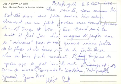 Palafrugell — Arcos e ruas medievais — V.C. Ed. Y Diatr. FABREGAT, n° 2.222 — Verso