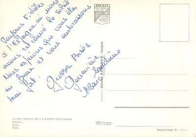 Rybak na pokładzie błękitnego statku — Puerto de San Carlos de la Rapita — Éditions Arribas, Zaragoza — Rewers