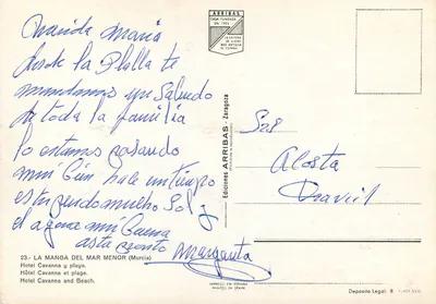 Hotel Cavanna e praia — La Manga del Mar Menor (Murcia) — Edições ARRIIBAS — Verso