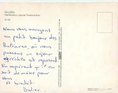Torrente de Pareis — praia entre falésias — editor Cerdana, n° PM. 418 — Verso
