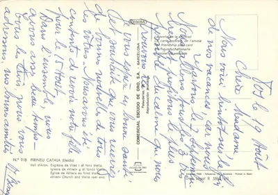 Vall d'Aran — Igreja de Vilac e fundos Viella — Editor ESCUDO DE ORO, n° 918 — Verso