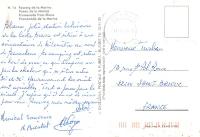 Blanes — Passeig de la Marina — Postals R. Rubira — Verso