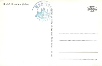Schloss Braunfels (Lahn) — castelo na colina, aldeia abaixo — Echle Photographie, Nr. 650 — Verso