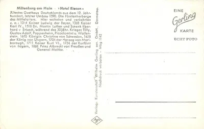 Hotel Riesen — Miltenberg am Main — wydawca Gerling, n° 1142 — Rewers