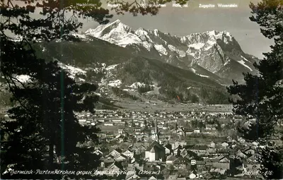 Garmisch-Partenkirchen contra a grupo Zugspitzgruppe (2964 m) — Huber-Postkarte Nr. 616