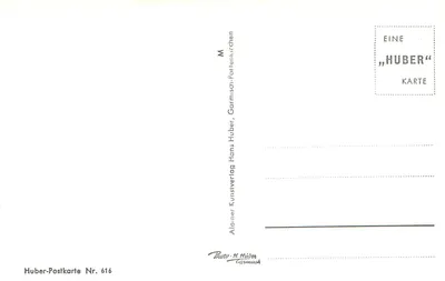 Garmisch-Partenkirchen contra a grupo Zugspitzgruppe (2964 m) — Huber-Postkarte Nr. 616 — Verso