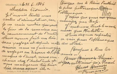 Offenburg i. B. — widok panoramiczny z kościołem z dwiema wieżami — wydawca: Künstlerdruck, nr 1350 — Rewers