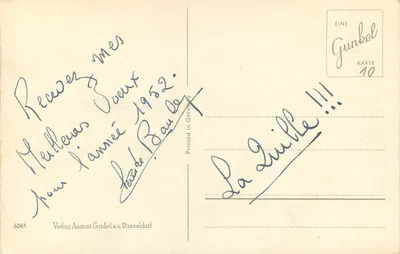 Paisagem invernal nevada — trilha cercada por cercas — Verlag August Gunkel & Co. Düsseldorf, n° 6061 — Verso