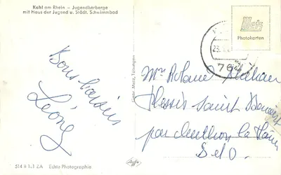 Kehl am Rhein — Jugendherberge com Haus der Jugend e Städt. Schwimmbad — Gebr. Metz, Tübingen, n° 514 B 1.1 ZA — Verso