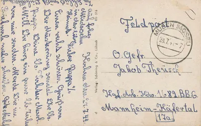 Mäurelurm w Bingen nad Rynem — widok z zamku nad Rynem — wydawca Schöning & Co., Lübeck — Rewers
