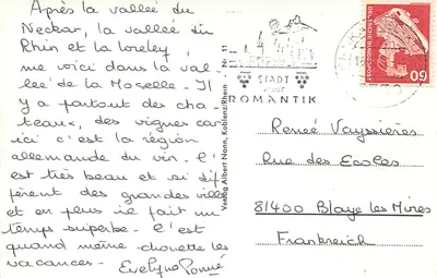 Burg Elz na Mosel — castelo em colina florestada — Verlag Albert Nonn, Koblenz/Rhein, n°11 — Verso