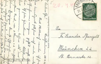 Kaufbeuren — vista panorâmica com montanhas no fundo — Rudolf Werz, Büröbedarf, Kaufbeuren — Verso