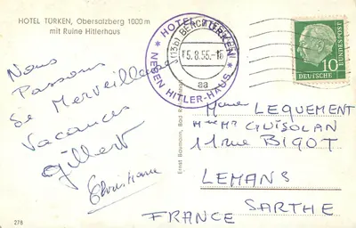 Hotel Türken, Obersalzberg 1000 m — com a ruína do castelo Hitler — editor Ernst Baumann, n° 278 — Verso